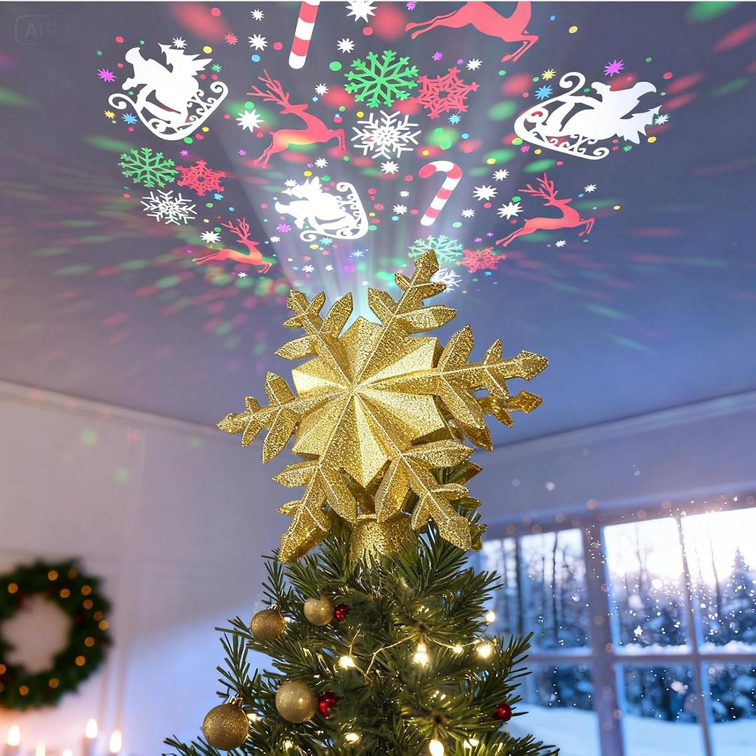 DG-Direct Christmas Tree Topper Lighted with 6 Projected Patterns, Led Rotating Magic Snowflake, 3D Hollow Glitter Lighted Silver Snow Tree Topper for Christmas Tree Decorations, Gold