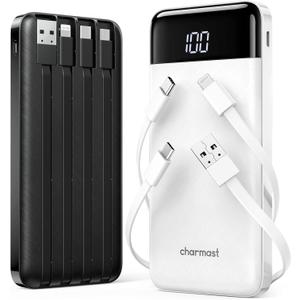 2 Packs Portable Chargers with Built in Cables, 2PCS Slim 10000mAh Travel Essentials Battery Pack 6 Outputs 3A Power Banks for iPhone Samsung Pixel LG Moto iPad (B-Black+White)
