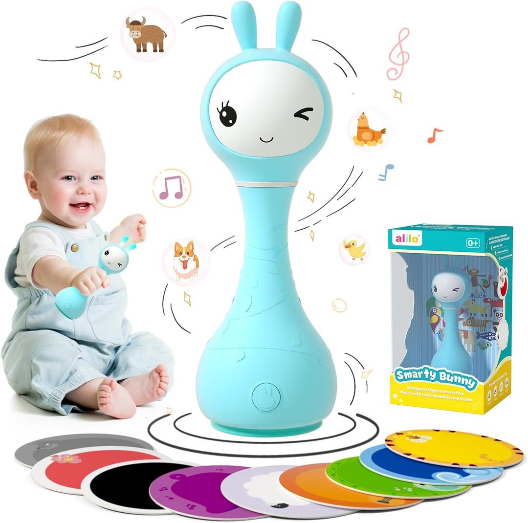 alilo Smarty Bunny Baby Rattle Musical Light Up Toys, Infants Newborns Baby Toys 0-3-6-12-18-24 Months,1 Year Old Boy Girl Easter Gifts, 4 Music Modes and Color Recognition Function with 9 Color Card (Blue)