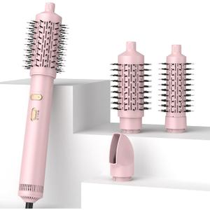 3 in 1 Rotating Hair Dryer Brush,Negative Ionic Professional Brush Blow Dryer with Detachable Brush(2" & 1.5"),3 Heats and 2 Speeds Rotating Hot Air Brush for Curling,Straight,Drying (Pink)