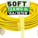 50 ft 12/3 Outdoor Extension Cord Waterproof Heavy Duty with Lighted Indicator End 12 Gauge 3 Prong, Flexible Cold-Resistant Long Power Cord Outside, 15Amp 1875W SJTW Yellow ETL Listed