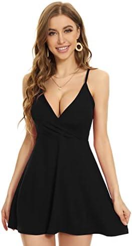 MadHeart Womens V Neck Sexy Backless Dress Adjustable Spaghetti Strap Short Wrap Dress S Black