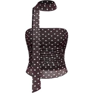 Milumia Women's Polka Dots Mesh Tube Tops Y2k Strapless Bandeau Top with Scarf (Brown)