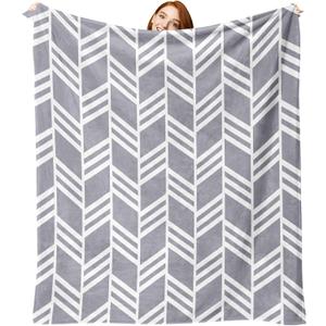 Grey White Geometric Flannel Throw Blanket, Herringbone Abstract Modern Art Gifts for Kids Men Women, Minimalist Contemporary Soft Blankets for Bedding Sofa 50" x 60"