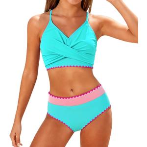 Kids4ever Girls Swimsuits 2 Piece Mint Green Color Block Tween Bikini Sets with Chest Pad Adjustable Straps Bathing Suits for Girls V Neck High Waisted Girls'Swimwear Size 9-10