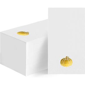 Horaldaily 100 Fall Disposable Paper Decorative Guest Napkins, Thanksgiving Autumn Harvest Gold Foil Pumpkin Hand Towel for Party Lunch Dinner Kitchen Bathroom