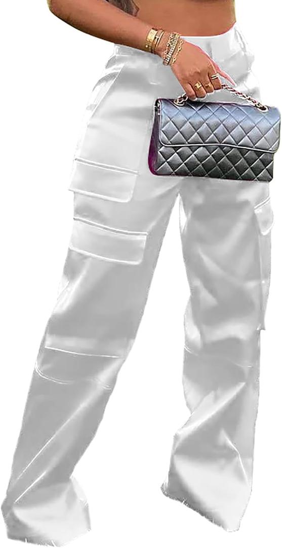 Satin Cargo Pants for Women High Waisted Wide Leg Silky Dressy Club Outfits with Pockets Casual Streetwear (Medium, White)