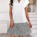 Women's V Neck Short Sleeve Summer Dress Cap Sleeve Casual Loose Fit Pleated Striped Shirt Dress (White, M)