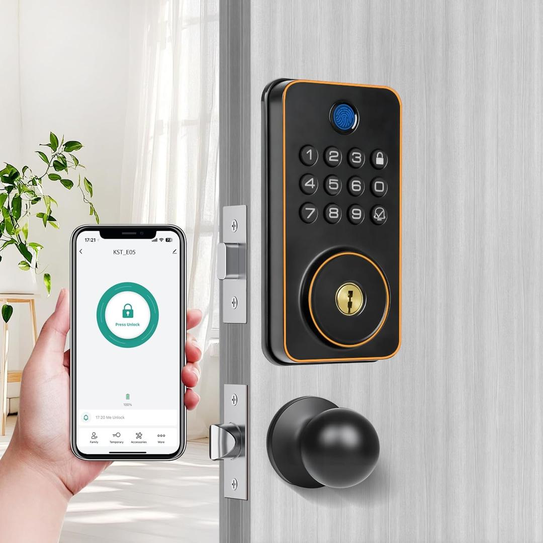 Fingerprint Door Lock with Handle Set,Electronic Keypad Deadbolt with 2 Knobs,APP,Auto Lock,100 User Codes,One Time Code,Voice Prompts,Anti-Peeking Password,Home, Apartment,Satin Nickel
