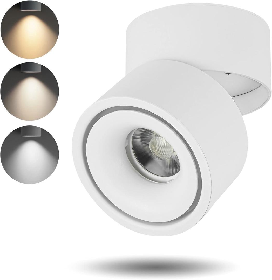LED Dimmable Ceiling Spotlight 12W 3CCT 3000K/4000K/5000K Adjustable Indoor Directional Spotlight Fixtures for Room Living Hallway Gallery Art Light,CRI93 1200LM (White - 12 Watts)