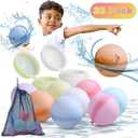 32 Pack Reusable Water Balloons Pool Water Balls Latex-Free Soft Silicone Water Splash Ball with Portable Mesh Bag Summer Outdoor Beach Play Pool Party Backyard Fun Water Toys