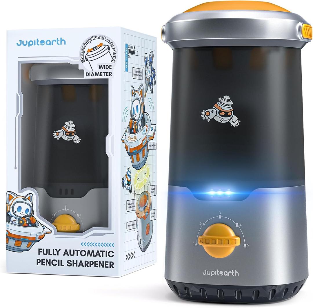 JUPITEARTH Electric Pencil Sharpener for Kids, Hands-Free, Rechargeable, Auto in & Out Spaceship Fully Automatic Pencil Sharpener Fits 6.9-11mm Colored/No.2 Pencils for Classroom Home Office (Black)