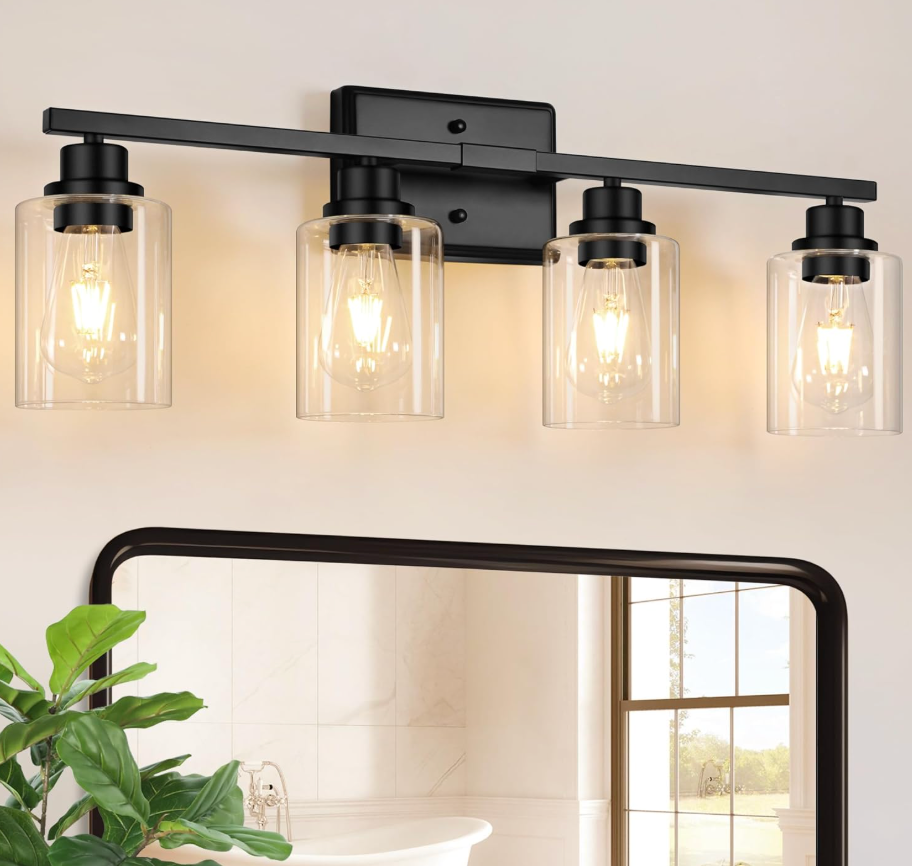 Unicozin Modern Bathroom Light Fixtures, 4 Light Vanity Lights Over Mirror, Black Wall Lamp with Clear Glass for Living Room Cabinet Bedroom Porch