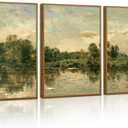 Tinonedraw Vintage Landscape Framed Canvas Wall Art Set of 3, French Country Art Prints, Nature Green Trees and Lake Art Paintings, Rustic Aesthetic Wall Decor for Living Room Bedroom Office 16"x24"x3