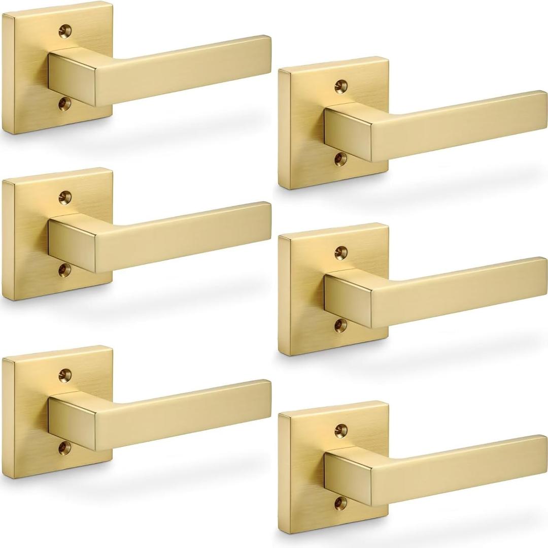 Linkaa Gold Door Lever Interior Dummy Lever Door Handle for Closet French DoorsNon-Turning Single Side Pull with Gold Finish,Square Door Pull(3 Pair(6 Handles),No Latch,Screws Includ