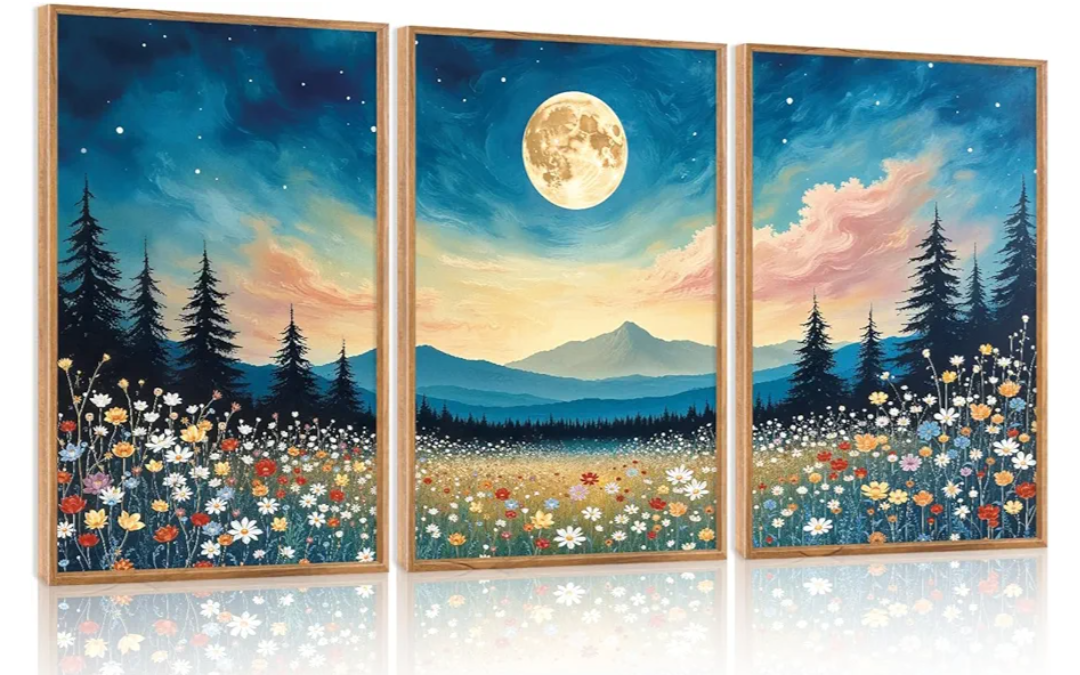 HOURIA 3Pcs Nature Mountain Forest Landscape Canvas Wall Art (16"x24"), Abstract Mystical Moonlight Wildflowers Wall Decor,Framed Colorful Wilderness Field Botanical Art Print for Bedroom Office Living Room Farmhouse, Multicolored