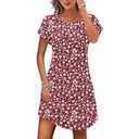 PLOKNRD Women's Casual Dress Summer Short Sleeve T-Shirt Dress Crew Neck Basic Dresses 2025 (Red White Flower L)