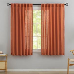 Burnt Orange Linen Back Tab Curtains 64 Inches Long 2 Panels Set for Girls's Room - Modern Cottagecore Rod Pocket Semi Sheer Privacy Drapes Hooks Light Filtering Short Curtains 52 x 64 Inch Length