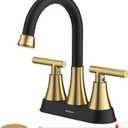 Bathroom Faucets for Sink 3 Hole, Hurran 4 inch Black and Gold Bathroom Sink Faucet with Pop-up Drain and Supply Hoses, Stainless Steel Lead-Free Centerset Faucets for Vanity RV