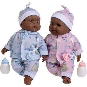 JC Toys Twins 13" Realistic Soft Body Baby Dolls Berenguer Boutique | Twins Gift Set with Removable Outfits and Accessories | Pink and Blue | African American | Ages 2+