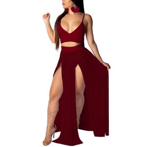 Swimsuit Cover Ups for Women 2 Piece Outfits Chiffon Strap Deep V Neck Bra Crop Top High Split Maxi Dress Skirt Set Beachwear Burgundy XS