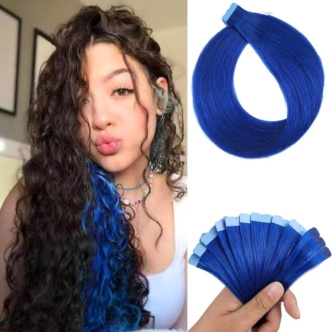 Blue Tape in Hair Extensions Human Hair Invisible Colored Mini Tape ins Human Hair Extensions (18 Inch-10pcs)