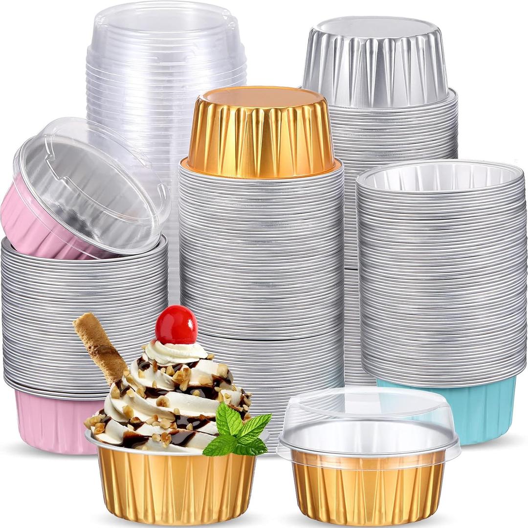 Thenshop 200 Pcs 5oz Mini Aluminum Baking Cups Disposable Loaf Cake Pans with Lid Wedding Bridal Shower Foil Cupcake Tins Liner Crme BrLe Ramekins Dessert Custard Pie Cheesecake Muffin Containers