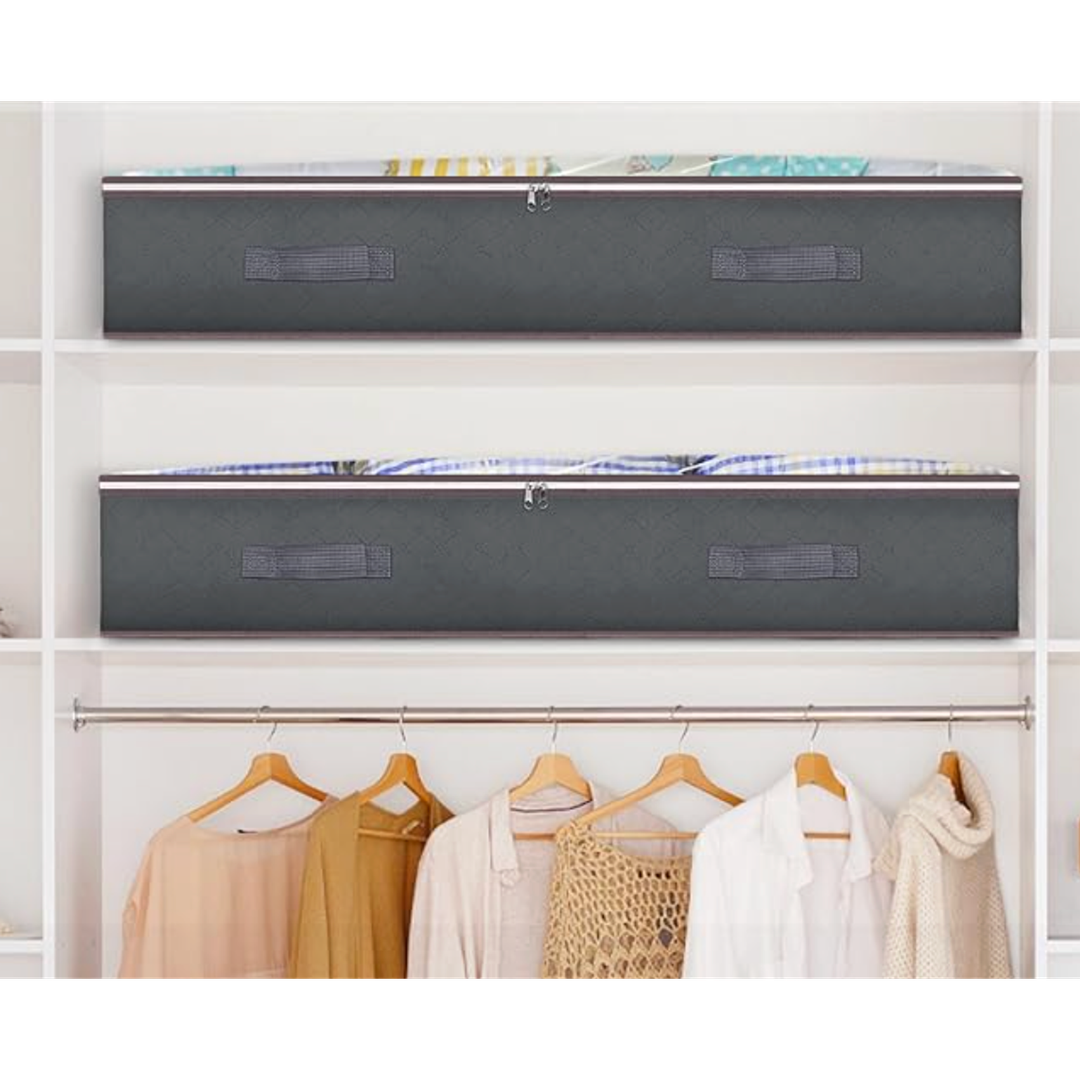 Pack Of 2 Budding Joy 90L Under Bed Storage Containers, Closet Organizers and Storage Bins, Foldable Underbed Storage Bags for Linen Sheets, Blanket, Clothing, Comforter, Sweaters, Pillows, Wrapping Paper, Grey