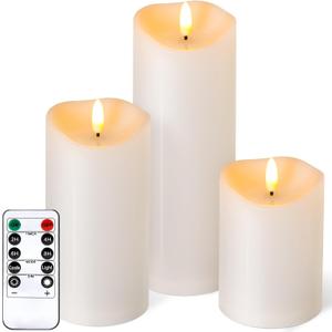 Outdoor Flameless Candles with Remote Timer - Waterproof Realistic Flickering LED Pillar Electric Battery Operated Fake Candle for Holiday Home Wedding Fireplace Decor - Ivory White 3 Pack (468)