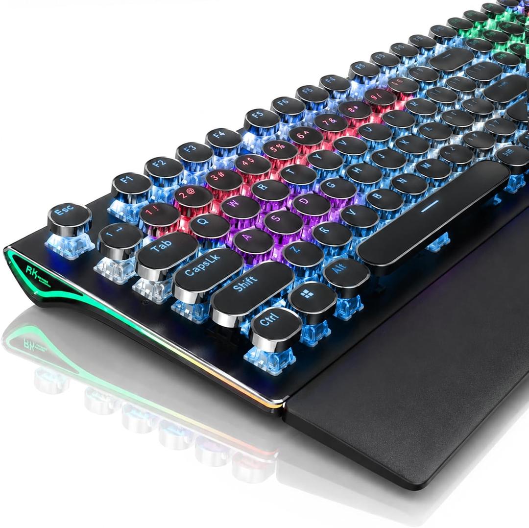 RK ROYAL KLUDGE S108 Typewriter Mechanical Keyboard, Wired Full Size with Number Pad, Round Retro Keycaps, Detachable Wrist Rest, Blue Switch, Rainbow Backlit, Black