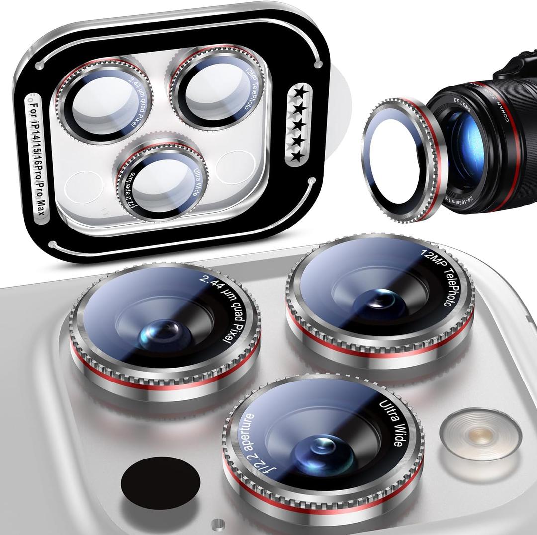 Uyiton for iPhone 17/16/15/14 (Pro Max & Pro) Camera Lens Protector - [Case-Friendly][Ultra-Thin] Military-Grade Tempered Glass Metal Camera Cover, Easy to Install, Gearwheel Silver+Red