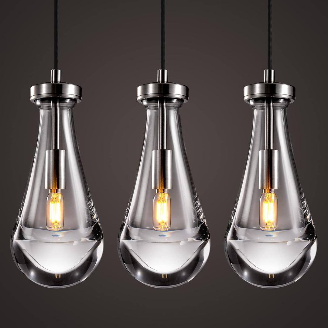 Raindrop Pendant Lights Set of 3, Modern Pendant Lights Kitchen Island 3 Pack, Brushed Nickel Island Light, Pendant Light for Bedroom Bathroom, Chandelier for Living Room Hallway