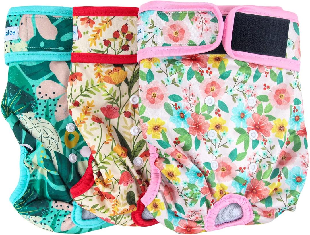 Leekalos Reusable Washable Dog Diapers Female (3 Pack) - Highly Absorbent Doggie Diapers - Size Adjustable Puppy Diapers for Dog Period Panties (XX-Large, Flora)