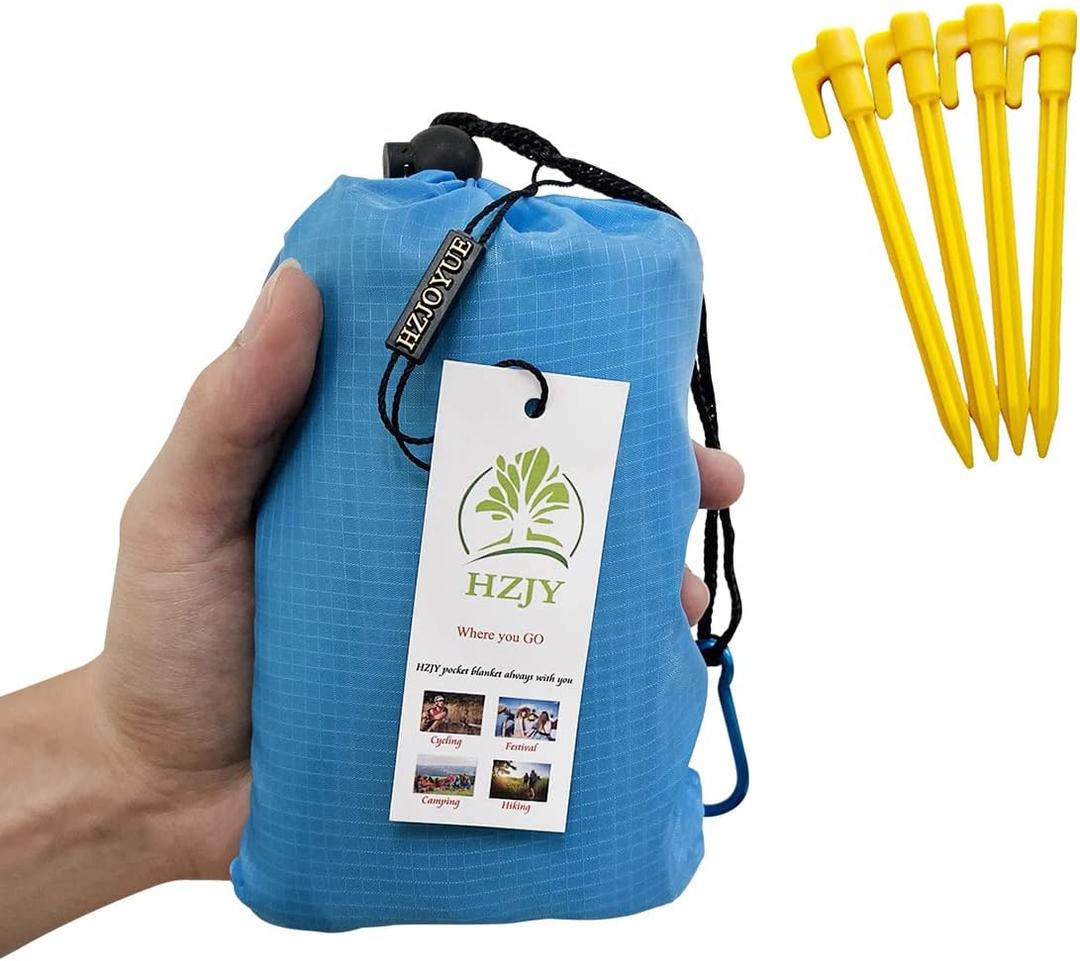 Outdoor Blanket (71" x 55") -Compact, Lightweight, Sand Proof Pocket Blanket Best Mat for The Beach, Hiking, Travel, Camping, Festivals with Pockets, Loops, Stakes, Carabiner (Sky Blue)