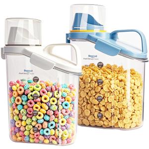 Cereal Containers Storage,2L Airtight Large Dry Food Storage Containers with Pouring Spout, Measuring Cup for Flour and Grain,BPA Free Plastic Dispenser ((2pcs) White-Blue-67oz)