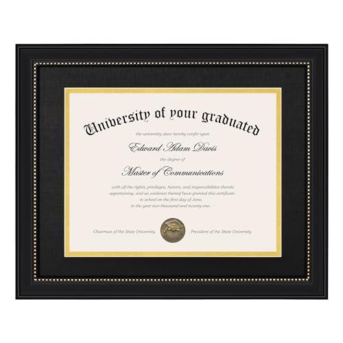 Upsimples 11x14 Diploma Frame with High Definition Glass, Display 8.5x11 Certificate with Black over Gold Mat, Degree Document Frame for Wall and Tabletop, Black with Gold Beads, 1 Pack
