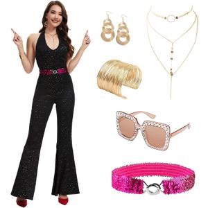 GFNWERTD 70s Disco Outfits Sequin Jumpsuit for Women, Disco Jumpsuit with Accessories Set for Halloween Cosplay Party ﻿ (Black, L)