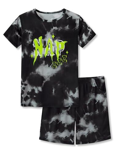 Beezizac Pajamas for Boys Trendy Black Tie Dye Short Sleeve Set 2-PC PJ Kid Cozy Sleepwear Size 10-12,  Shorts size 18