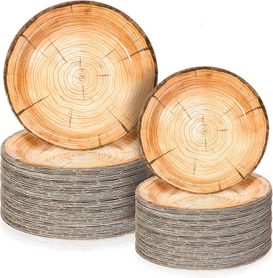 Tioncy 150 Pieces Wood Grain Paper Plates 7" 9" Rustic Wood Slice Plate Farmhouse Round Disposable Dinner Dish for Woodland Baby Shower Lumberjack Birthday Party Supplies