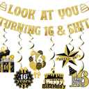 2 x Look at You Turning 16 Banner, Sweet 16 Party Decorations, Happy 16th Birthday Banner, 16th Birthday Decorations For Girl, Gold Glitter