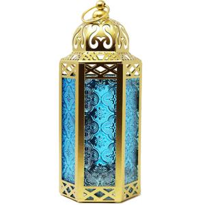 VELA LANTERNS 10.5" Gold Moroccan Candle Lantern Decorative Candle Holder Lamp for Table or Hanging, Ramadan Decorations, Indoor Home Decor, Outdoor Patio or Porch, Weddings, Blue Glass, Medium
