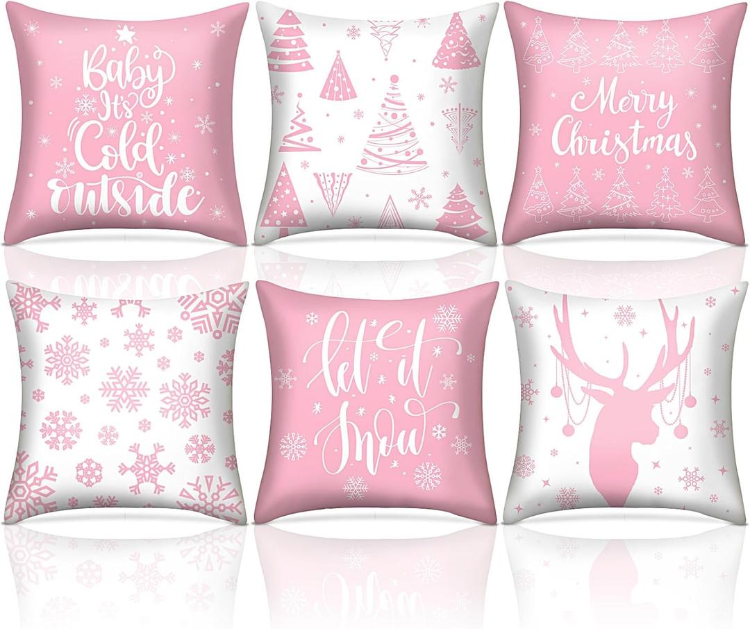 6 Pcs 18 x 18 inch Christmas Throw Pillow Covers Xmas Cushion Covers Pillow Cases Snowflake Winter Throw Pillow Covers Christmas Decor for Bedroom Sofa Couch Cushion Square Home (Pink)