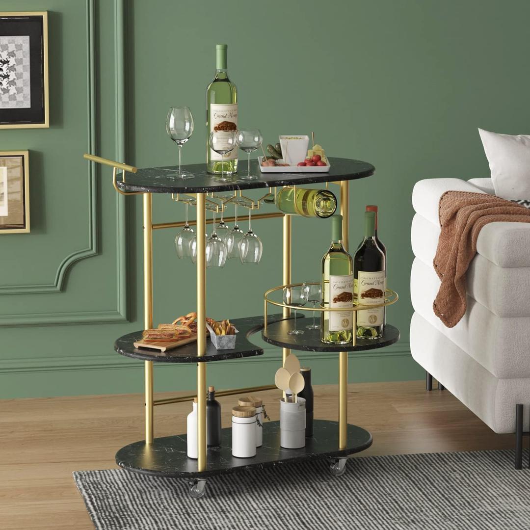 Black Bar Carts with 4-Tier Storage Shelves, Mobile Bar Serving Cart with Wine Rack and Glass Holder, for The Home, Kitchen, Living Room, Dining Room, 32.95 x 15.75 x 37.4 inches