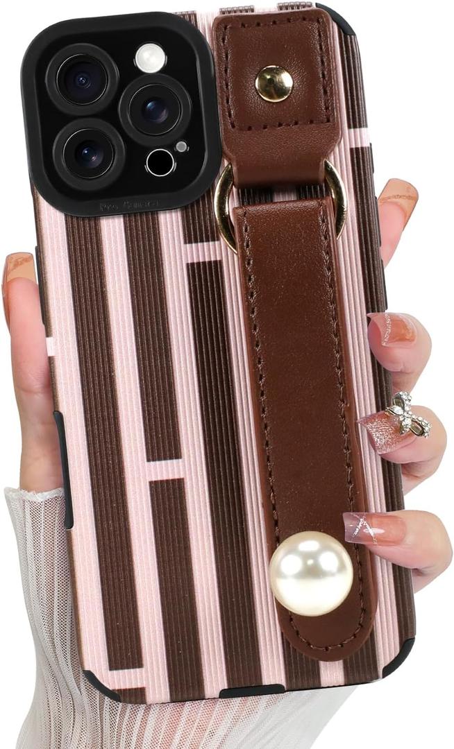 LSL for iPhone 16 Pro Case with Wrist Strap Kickstand, Cute Stripes Vertical Lines Pattern, Camera Protection Slim Soft TPU Shockproof Anti-Scratch Protective Case for Women Girls, Brown