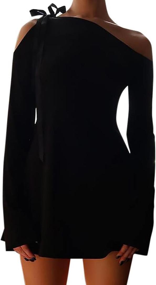 HYPERFIRE Women's Shoulder Tie Long Sleeve Asymmetrical Dress Boat Neck Cocktail Mini Dresses (Medium, Black)