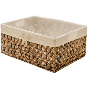 Rectangular woven storage basket with side handles and removable fabric liner. Natural beige and white design, sturdy and lightweight, perfect for organizing shelves, closet, bathroom, or laundry.Size:14" x 12" x9.5 in
