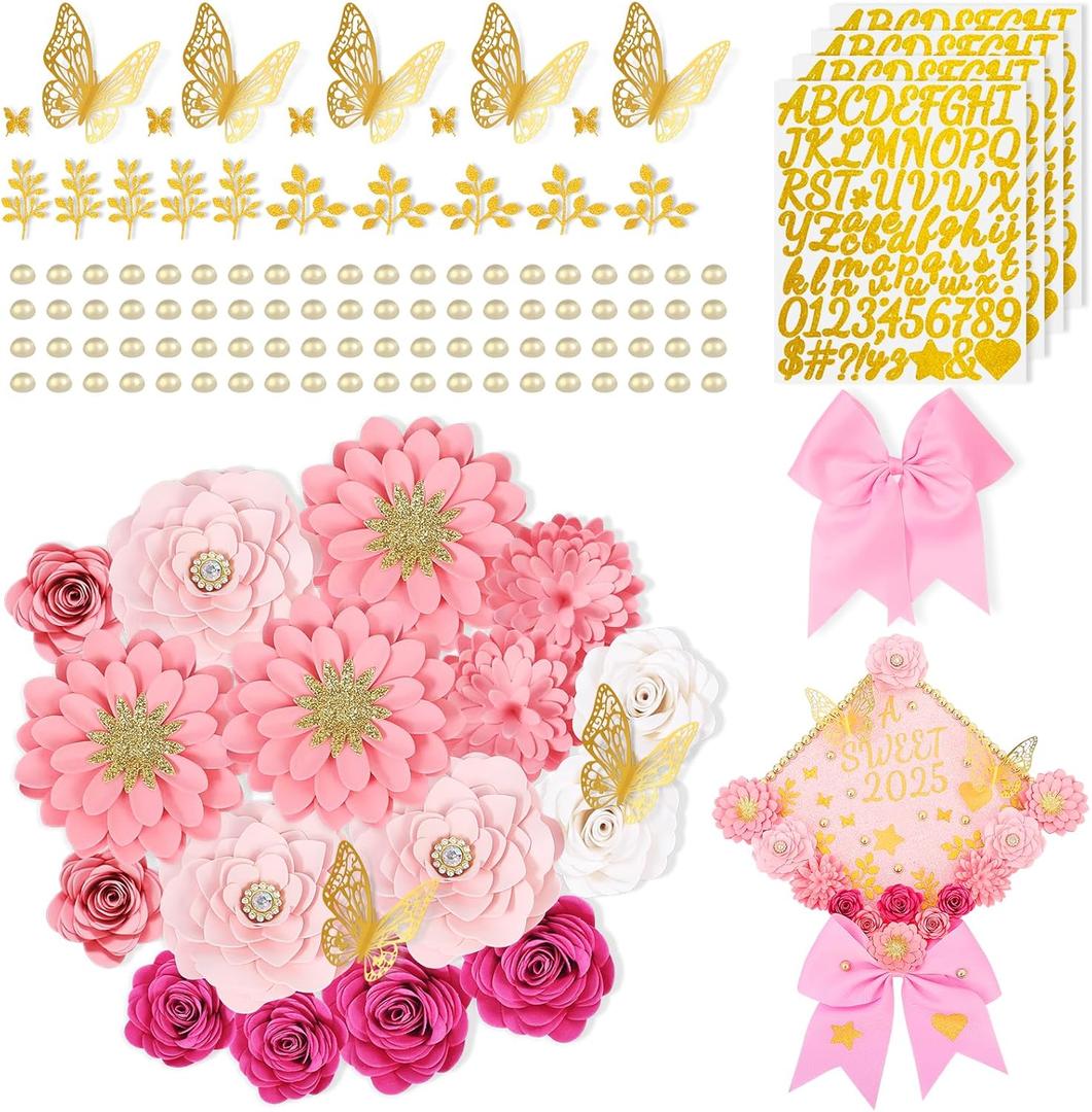 Paper Flowers for Graduation Cap Decoration Kit, Small Roses Flores for Crafts, 3D Flores for Shadow Box Projects (Gradient Pink)