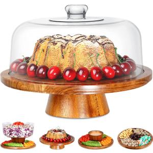 Homeries Acacia Wood Cake Stand with Lid, Cake Plate, (6 in 1) Multi-Functional Serving Platter, Large Cake Stand with Dome, Cake display stand with lid & Cake Dome - Use as Cake Holder, Cake Cover