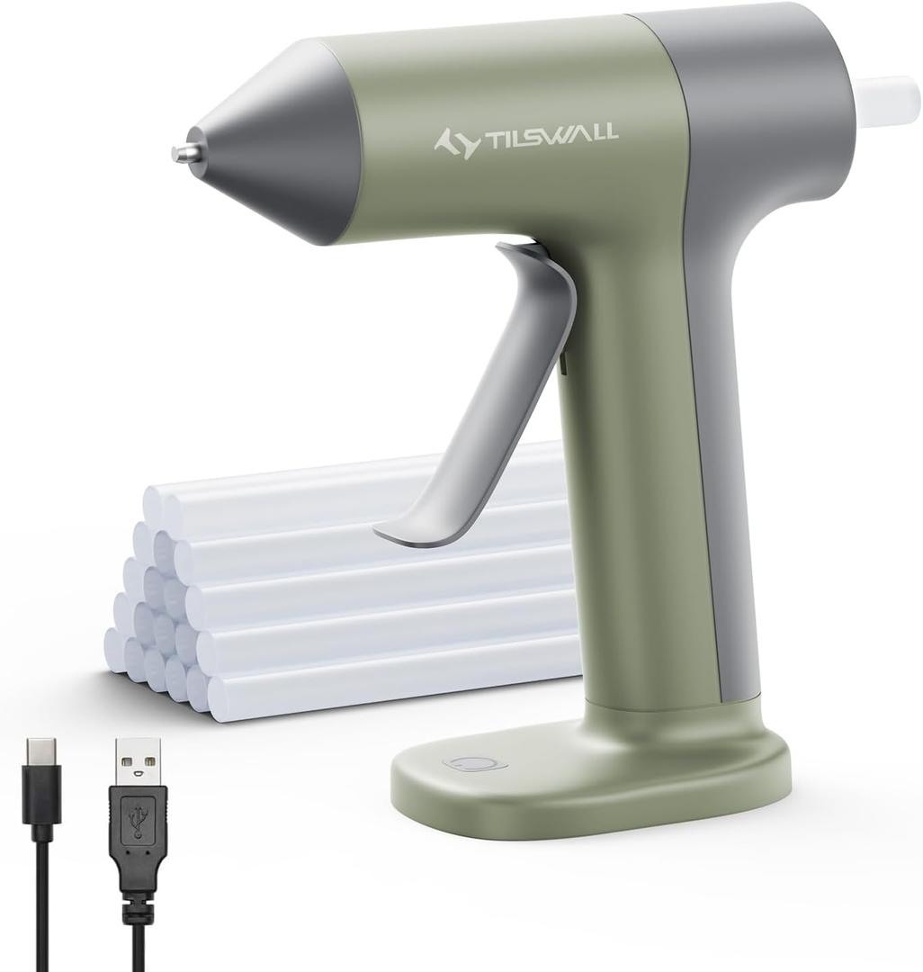 Tilswall 4V Glue Gun, Hot Glue Gun Cordless with Rapid 30s Preheat, 2000mAh Type-C Rechargeable, and 20 Glue Sticks, Anti-drip Nozzle, Auto Shut-Off, Ideal for Crafting - Green