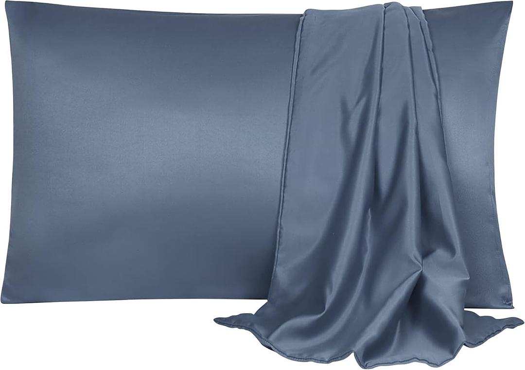 uxcell 2 Pack Silk Satin Pillowcase for Hair and Skin, Cool, Silky, Soft Breathable Pillow Cases King Size 20x36 Inch Sateen Pillowcase Slate Gray with Envelope Closure